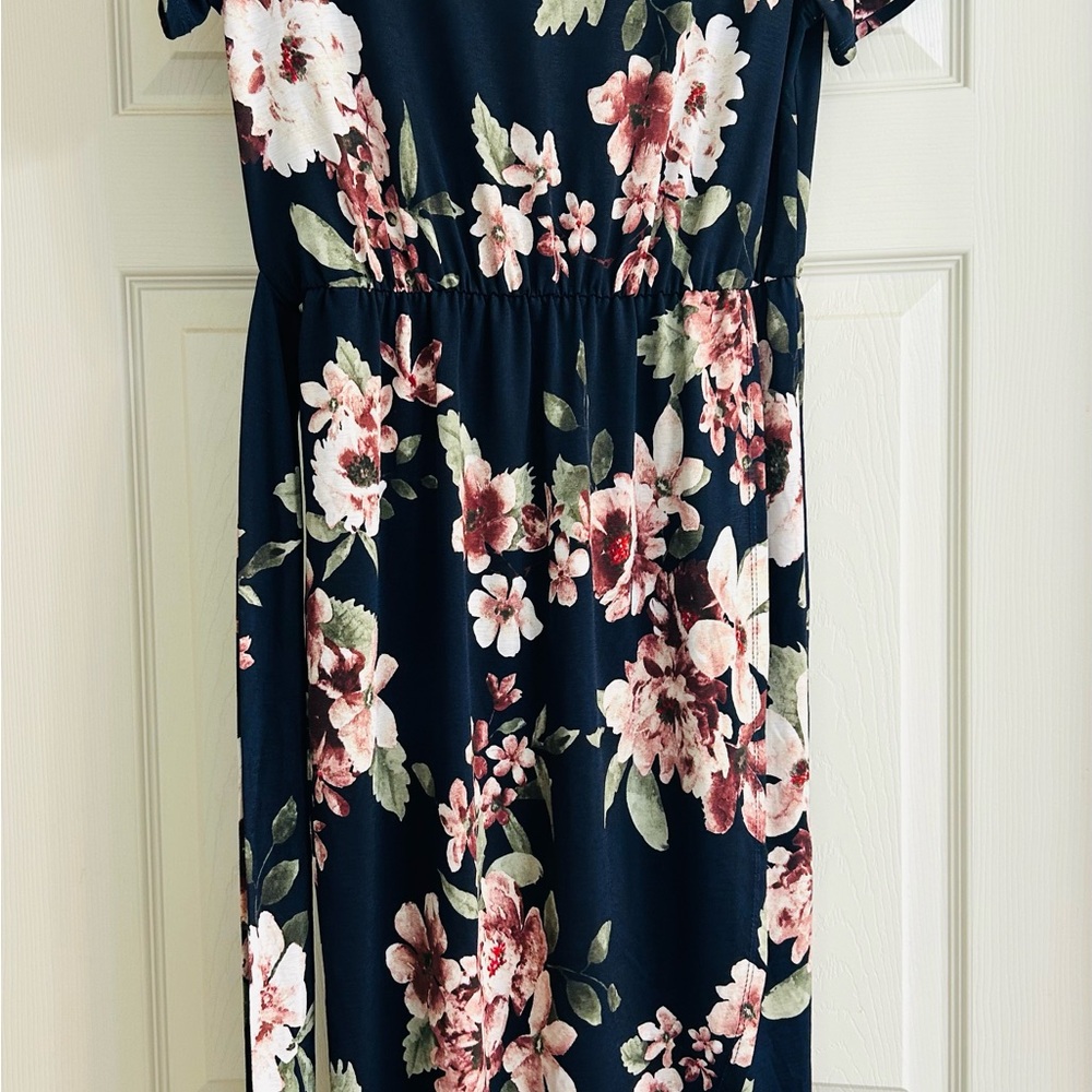 Chris and Carol Navy Floral Midi Dress with Pink Blossoms - Picture 2 of 9